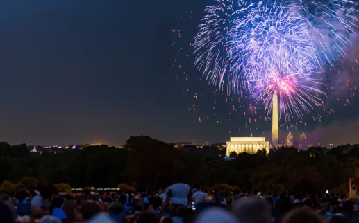 The July 4th fireworks on the National Mall in Washington DC with the Lincoln and Washington Monuments in the background.